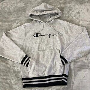 Champion Reverse Weave Light Grey Pullover Hoodie Varsity Stripe Size S